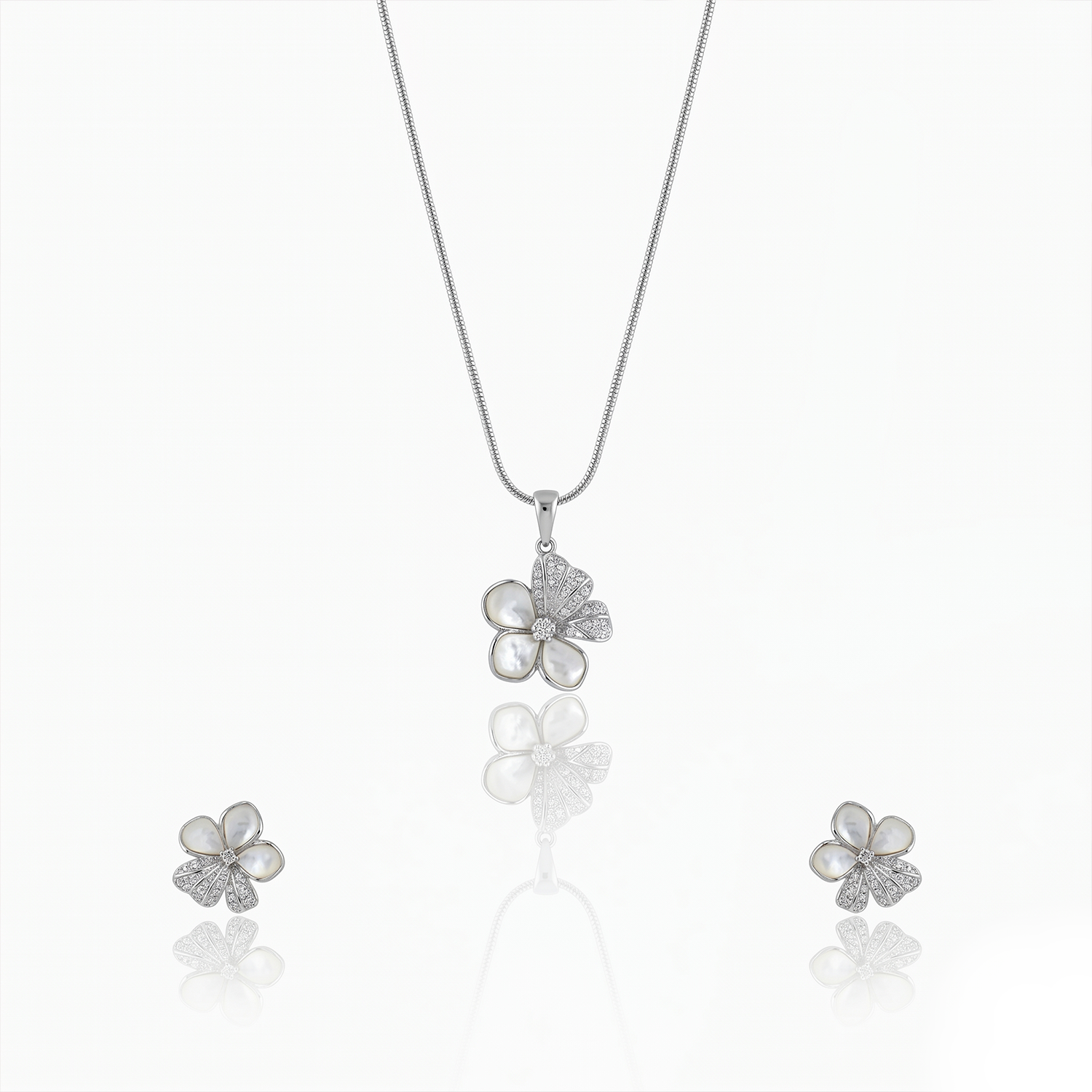 Silver Flower & Pearl Jewelry Set