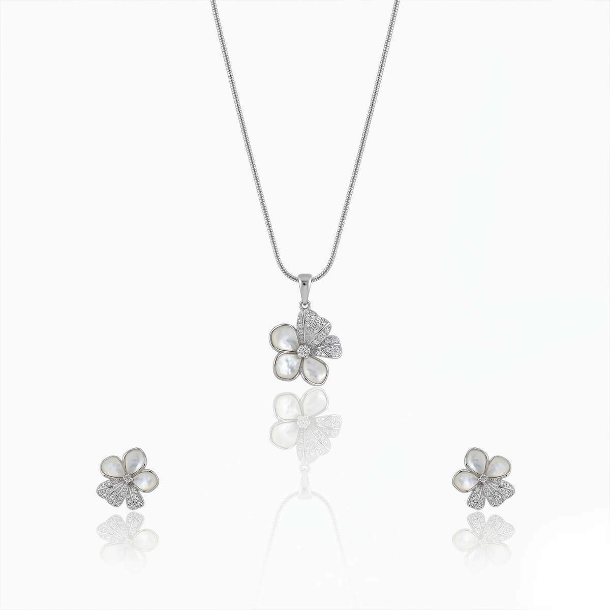 Silver Flower & Pearl Jewelry Set